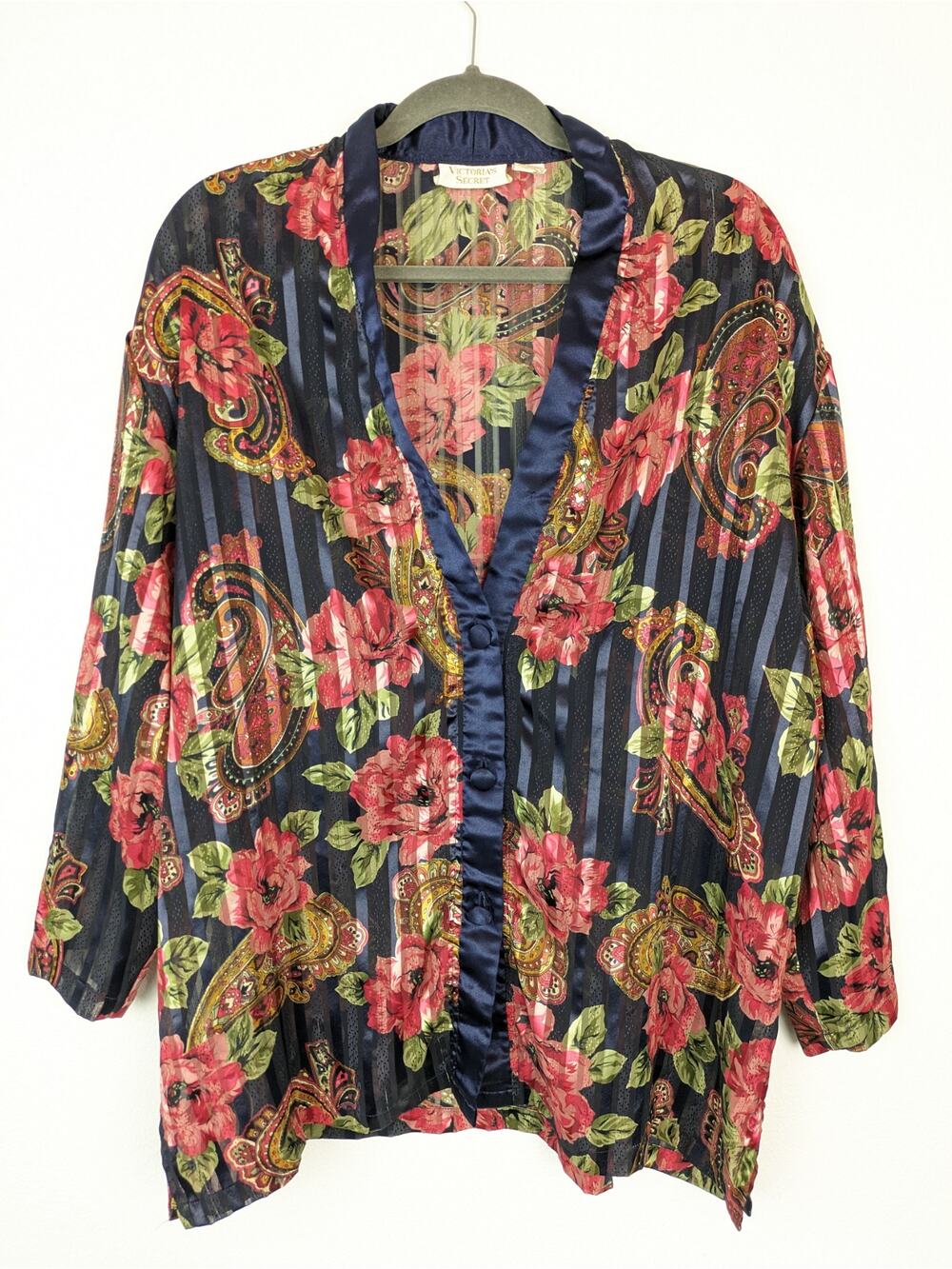 Victoria's Secret Robe Gold Label Kimono Floral Metallic Boudoir Blue Red Size L
